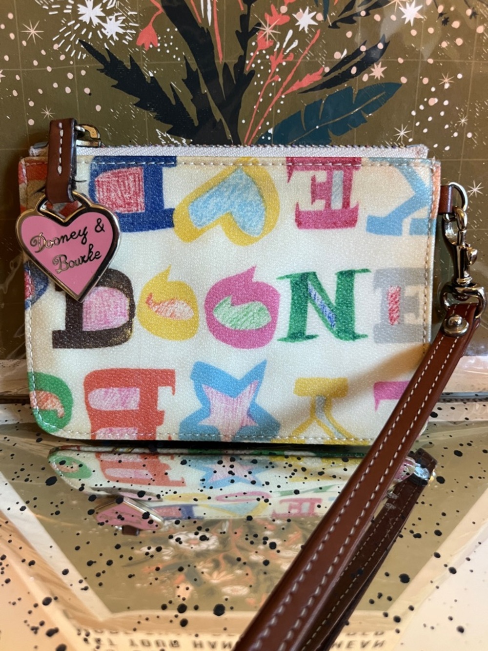 EUC Dooney & Bourke Y2K Rainbow 🌈 Graffiti Logo Heart Charm Wristlet Keychain